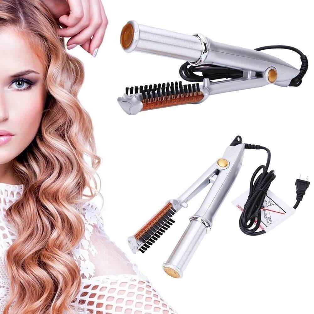 Dual-Action Rotating Hair Styling Tool – Curls & Straightens Wet or Dry Hair with Ceramic Barrel & Ionic Bristles for Salon Blowouts at Home