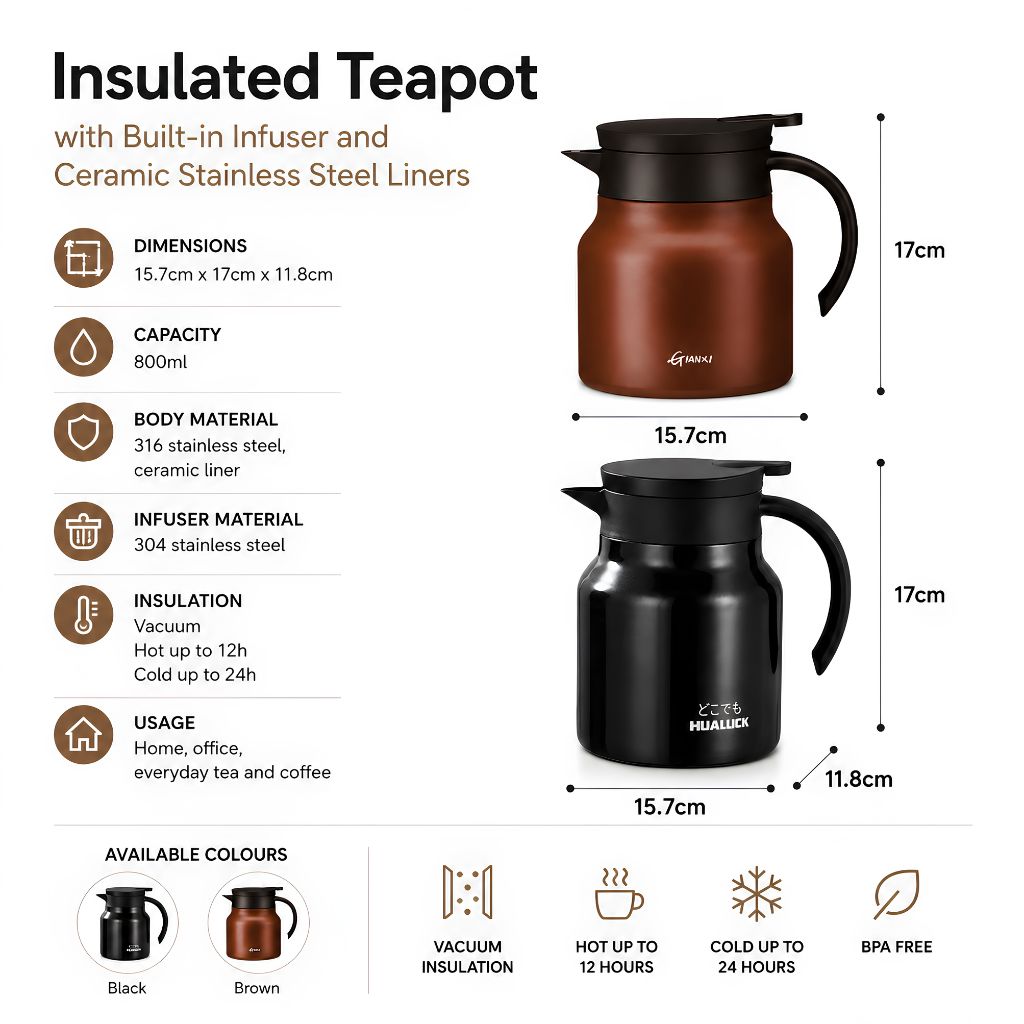 Vacuum Insulated Tea Carafe 27 oz with Removable Infuser – Double-Wall Stainless Steel Hot & Cold Beverage Server for Loose Leaf Tea Coffee