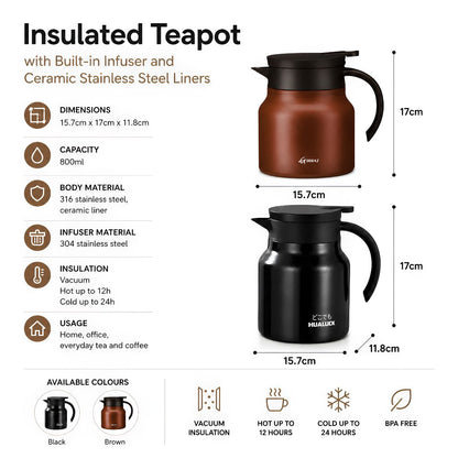 Vacuum Insulated Tea Carafe 27 oz with Removable Infuser – Double-Wall Stainless Steel Hot & Cold Beverage Server for Loose Leaf Tea Coffee