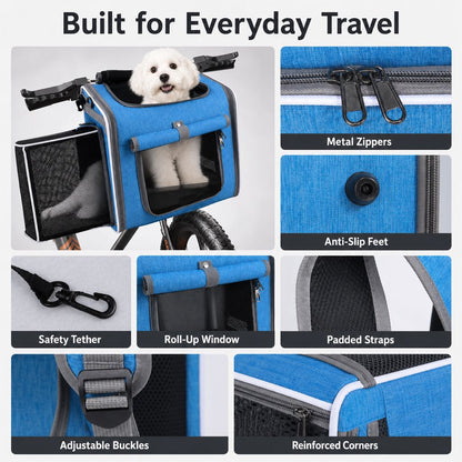 Ortekor 4-in-1 Expandable Bike Pet Carrier Backpack for Cats &Small Dogs - Hands-Free Rides, Car Travel & Vet Trips with Extra Breathing Room