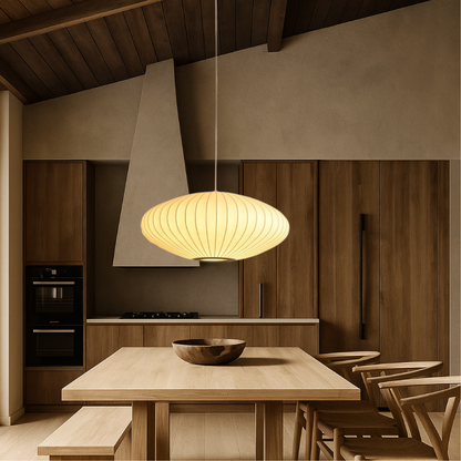 Sculptural Fabric Pendant Light with Soft LED Glow for Dining Room, Kitchen Island & Bar – Adjustable Height Modern Hanging Ceiling Fixture