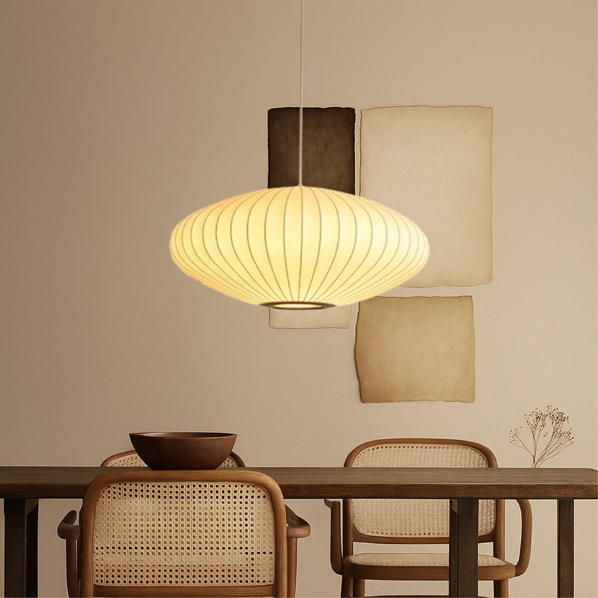 Sculptural Fabric Pendant Light with Soft LED Glow for Dining Room, Kitchen Island & Bar – Adjustable Height Modern Hanging Ceiling Fixture