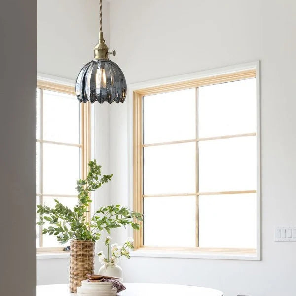 Hanging Glass Petal Shade Ceiling Fixture 4.7 Inches Clear for Kitchen Island Breakfast Nook Bedroom Bedside E27 Socket Ambient Dining Room