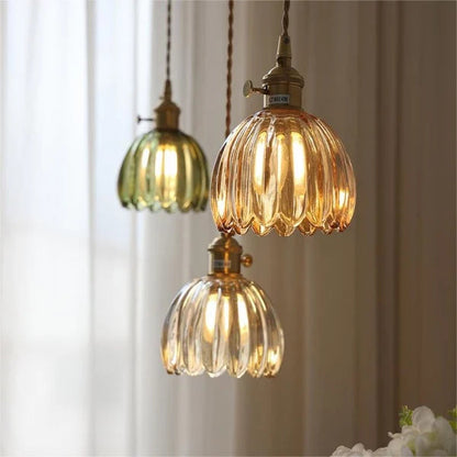 Glass Drop Ceiling Light E27 Socket Amber Shade for Kitchen Island Dining Room Hallway Living Room Retro Tulip Hanging Fixture Modern Farmho
