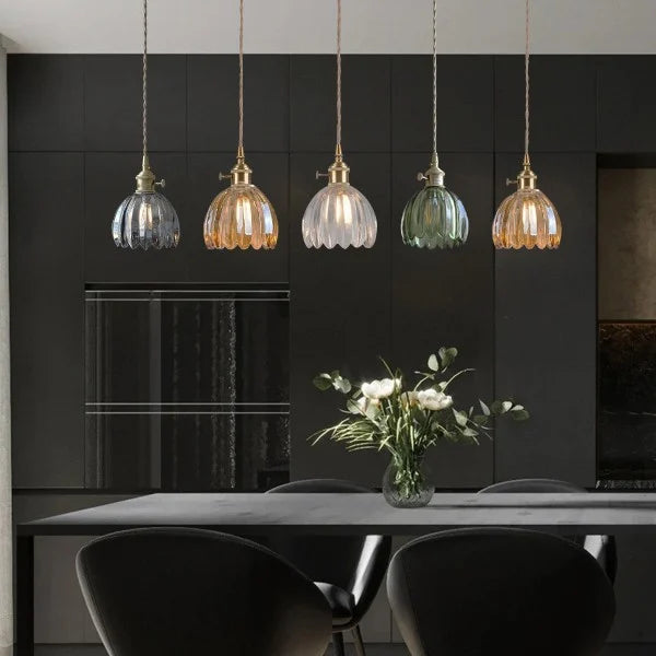 Hanging Glass Petal Shade Ceiling Fixture 4.7 Inches Clear for Kitchen Island Breakfast Nook Bedroom Bedside E27 Socket Ambient Dining Room