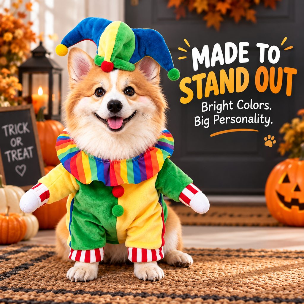 Ortekor Halloween Jester Clown Dog Costume with Hat & Fake Arms - Funny Photo-Ready Pet Outfit for Trick-or-Treat Parties
