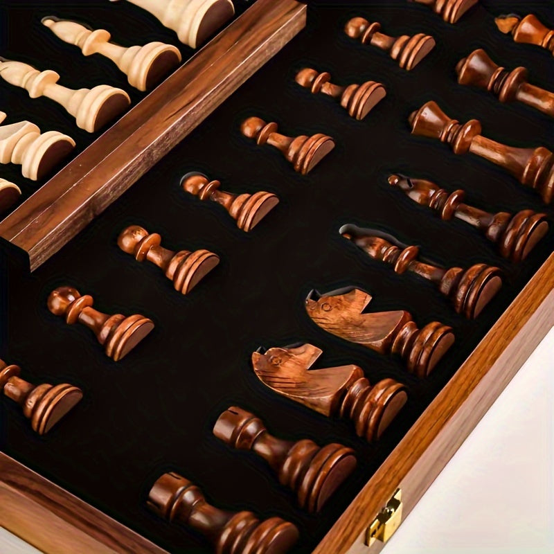 Folding Wooden Chess Set with Hand-Carved Pieces and Storage Board for Tournament Play, Home Games & Gifting