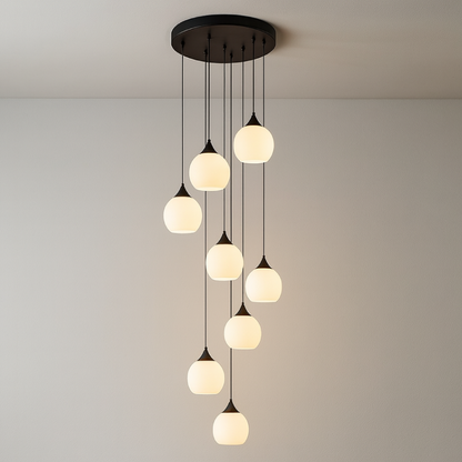 Multi-Drop Glass Globe Stairwell Fixture with Height-Adjustable Cable System for Vertical Spaces Black LED Illumination Mezzanine Entryway F