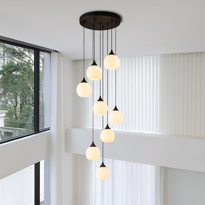 Multi-Drop Glass Globe Stairwell Fixture with Height-Adjustable Cable System for Vertical Spaces Black LED Illumination Mezzanine Entryway F