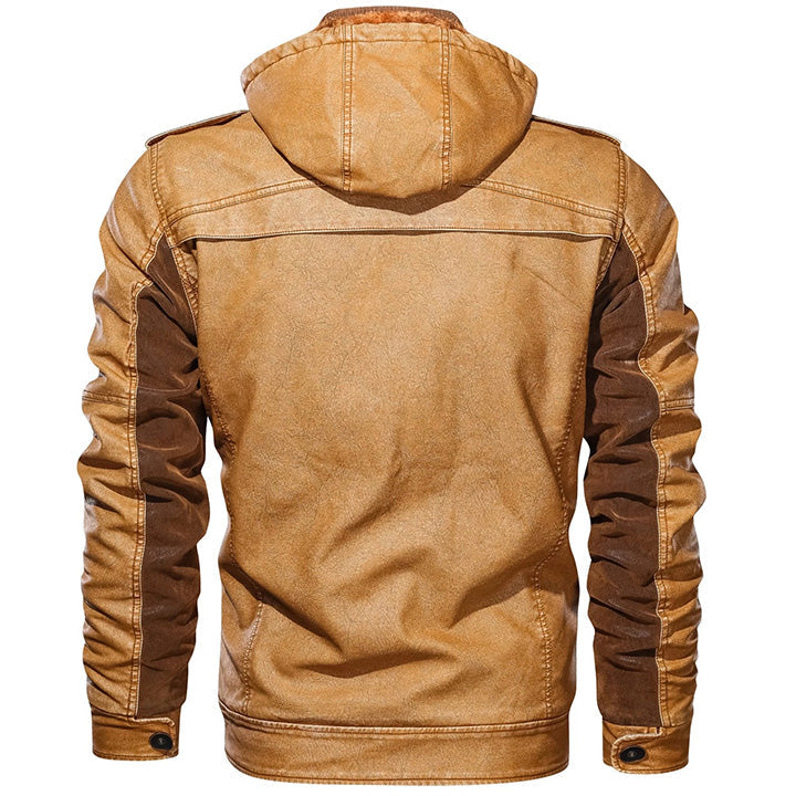 Premium Hooded Faux Leather Jacket for Men – Water-Resistant Durable Outerwear with Removable Hood