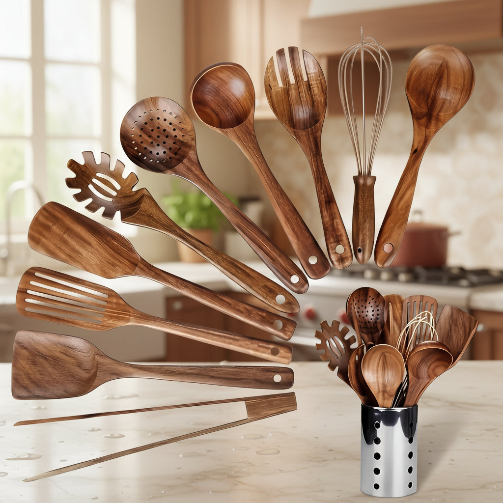 Natural Wood Kitchen Utensil Set with Countertop Holder | Complete Cooking Tools for Organized Meal Prep