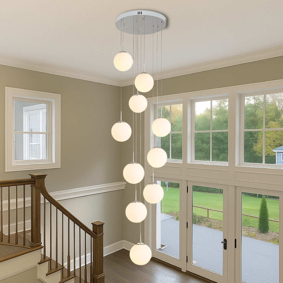 10-Light Cascading Glass Globe Chandelier 79 in Drop 3000K for Stairwell Foyer High Ceiling Modern Vertical Lighting Adjustable Suspension H