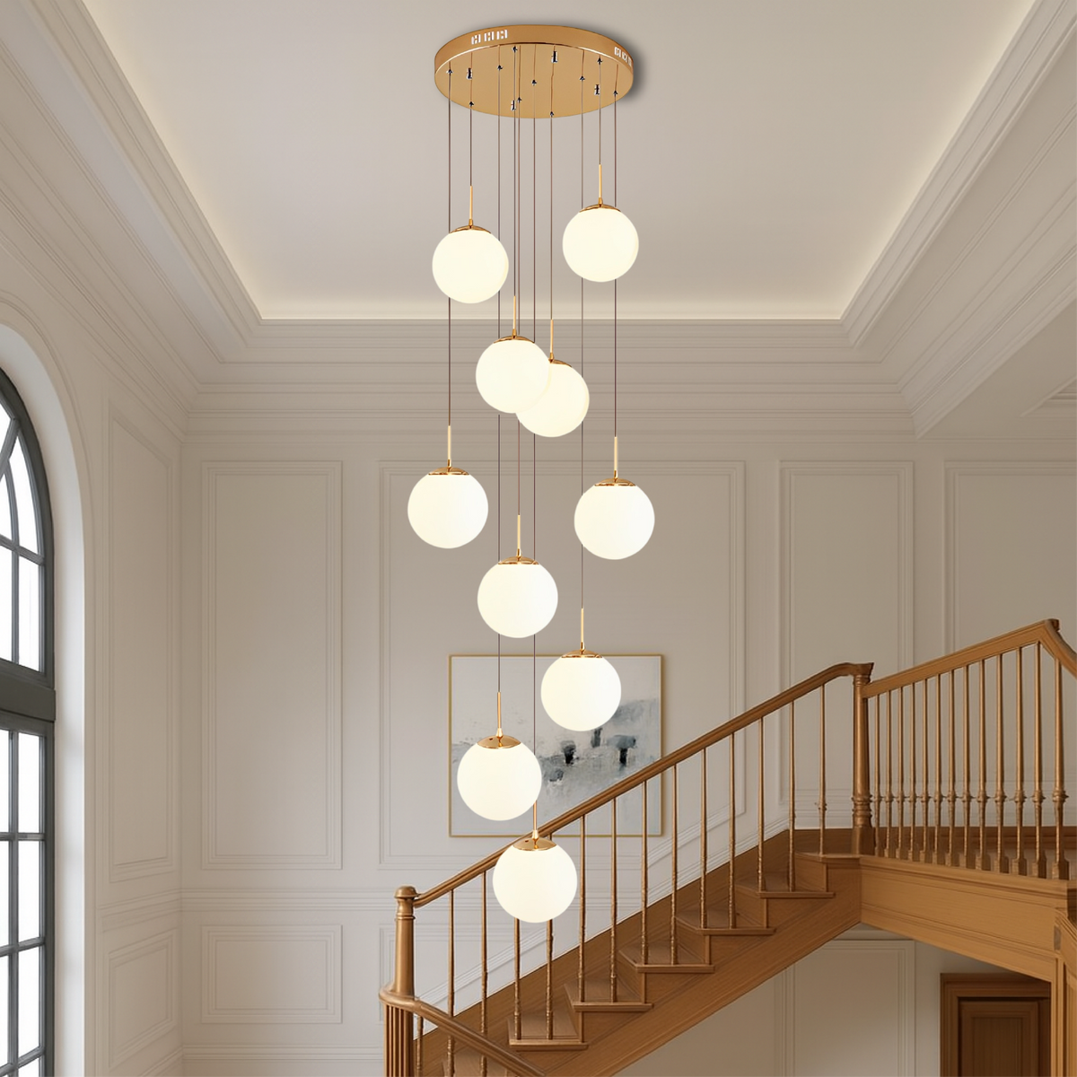 10-Light Cascading Glass Globe Chandelier 79 in Drop 3000K for Stairwell Foyer High Ceiling Modern Vertical Lighting Adjustable Suspension H