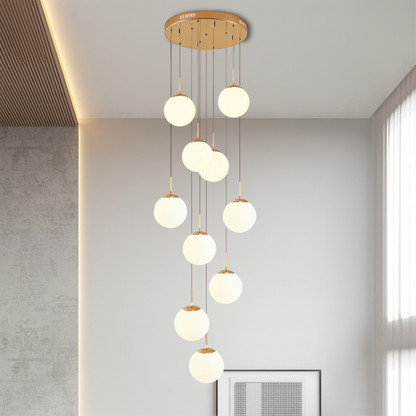10-Light Cascading Glass Globe Chandelier 79 in Drop 3000K for Stairwell Foyer High Ceiling Modern Vertical Lighting Adjustable Suspension H