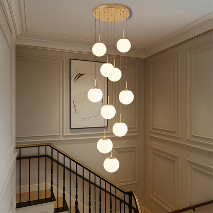 10-Light Cascading Glass Globe Chandelier 79 in Drop 3000K for Stairwell Foyer High Ceiling Modern Vertical Lighting Adjustable Suspension H