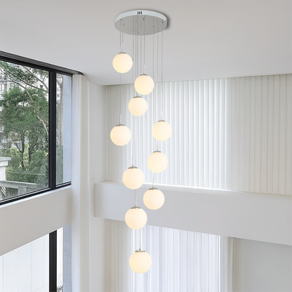 10-Light Cascading Glass Globe Chandelier 79 in Drop 3000K for Stairwell Foyer High Ceiling Modern Vertical Lighting Adjustable Suspension H