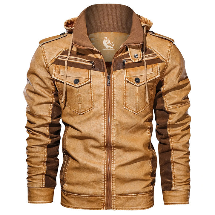 Premium Hooded Faux Leather Jacket for Men – Water-Resistant Durable Outerwear with Removable Hood
