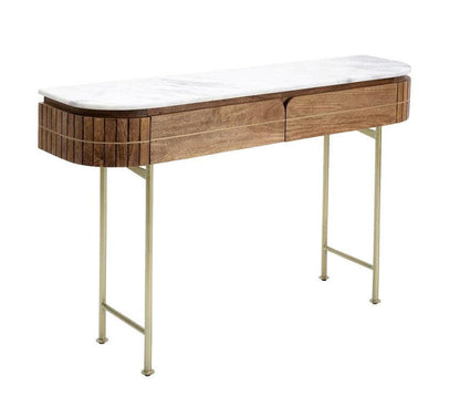Entryway Table with Marble Top 39 in Natural Mango Wood Gold Metal Base 2 Drawers for Foyer Living Room Bedroom Storage Hallway Furniture