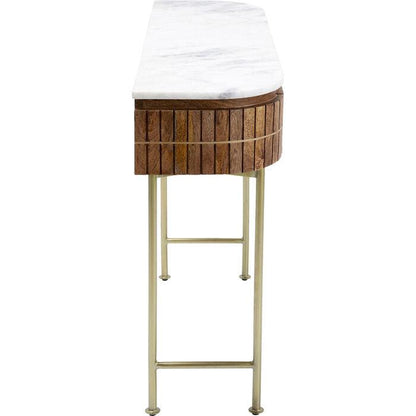 Entryway Table with Marble Top 39 in Natural Mango Wood Gold Metal Base 2 Drawers for Foyer Living Room Bedroom Storage Hallway Furniture