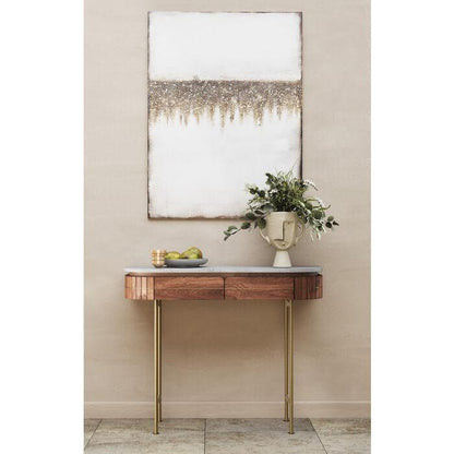 Entryway Table with Marble Top 39 in Natural Mango Wood Gold Metal Base 2 Drawers for Foyer Living Room Bedroom Storage Hallway Furniture