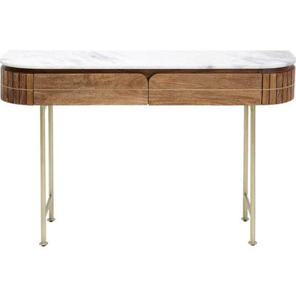 Entryway Table with Marble Top 39 in Natural Mango Wood Gold Metal Base 2 Drawers for Foyer Living Room Bedroom Storage Hallway Furniture
