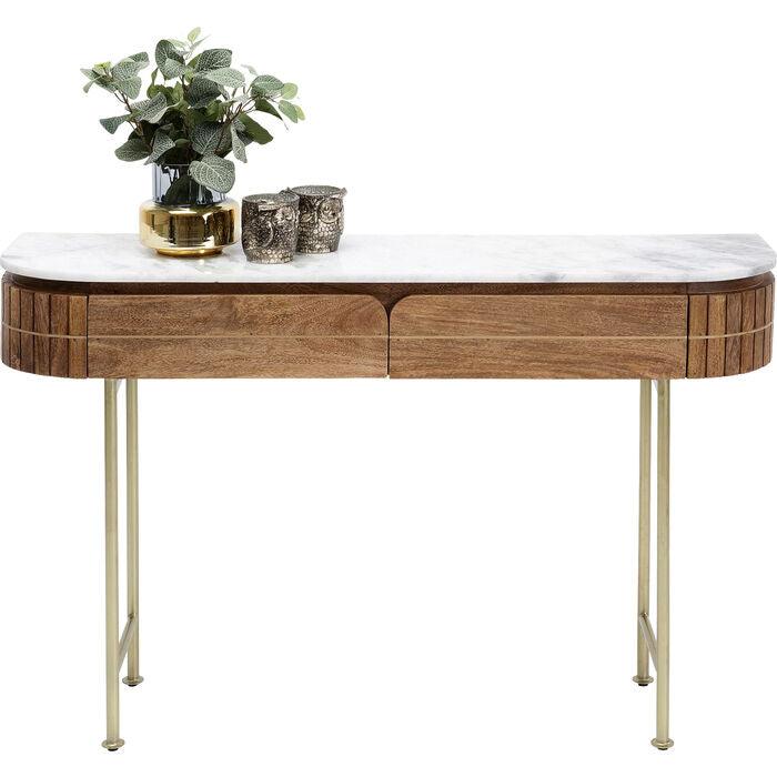 Entryway Table with Marble Top 39 in Natural Mango Wood Gold Metal Base 2 Drawers for Foyer Living Room Bedroom Storage Hallway Furniture
