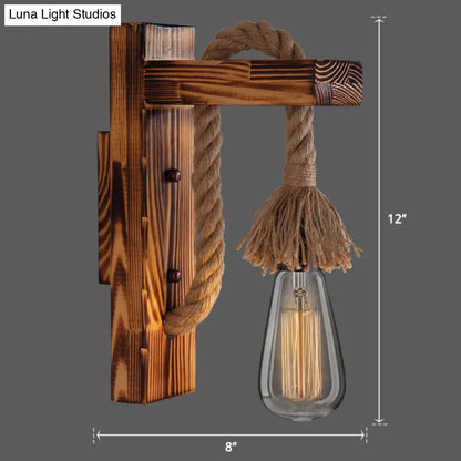 Rustic Wood Wall Sconce with Metal Cage and Rope Accent for Bedroom, Hallway, Living Room – E26 Socket Indoor Lighting Fixture