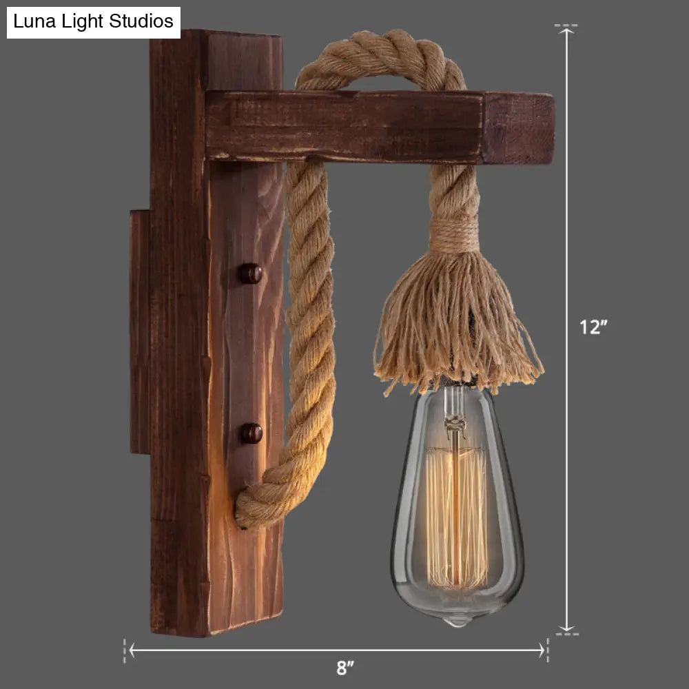 Rustic Wood Wall Sconce with Metal Cage and Rope Accent for Bedroom, Hallway, Living Room – E26 Socket Indoor Lighting Fixture