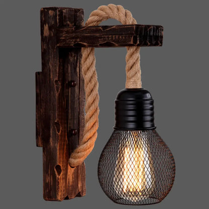 Rustic Wood Wall Sconce with Metal Cage and Rope Accent for Bedroom, Hallway, Living Room – E26 Socket Indoor Lighting Fixture