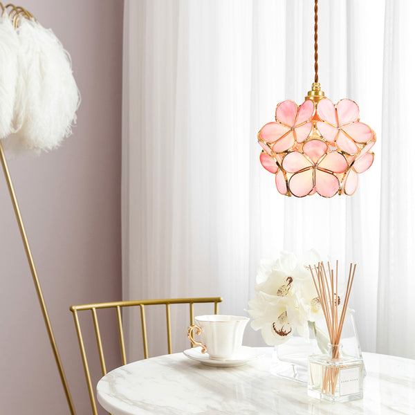 Floral Glass Hanging Light Fixture with Adjustable 59-Inch Cord E27 Socket Gold Brass Frame for Kitchen Table Bedroom Living Room Vintage-St