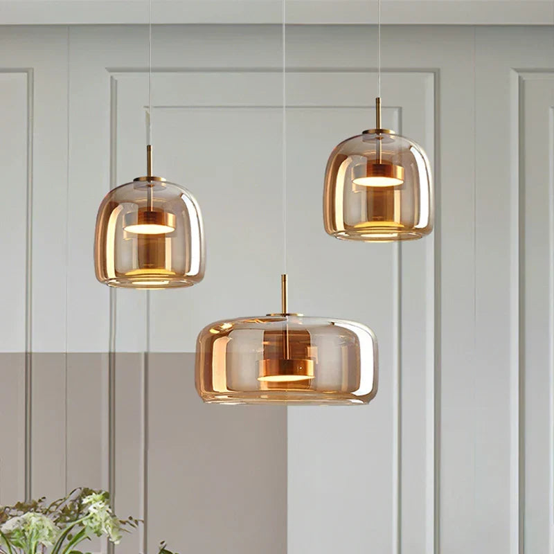 Glass Drop Ceiling Fixture 40 in Adjustable Height Cognac Smoke Gray Over Island Dining Table Modern Nordic Minimalist Hanging Lamp Bedroom