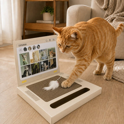 Ortekor Laptop Cat Scratcher for Indoor Cats – 3-in-1 Cardboard Scratch Pad with Mouse & Bell Ball for Home Office Play, Keeps Curious Cats Busy While You Work