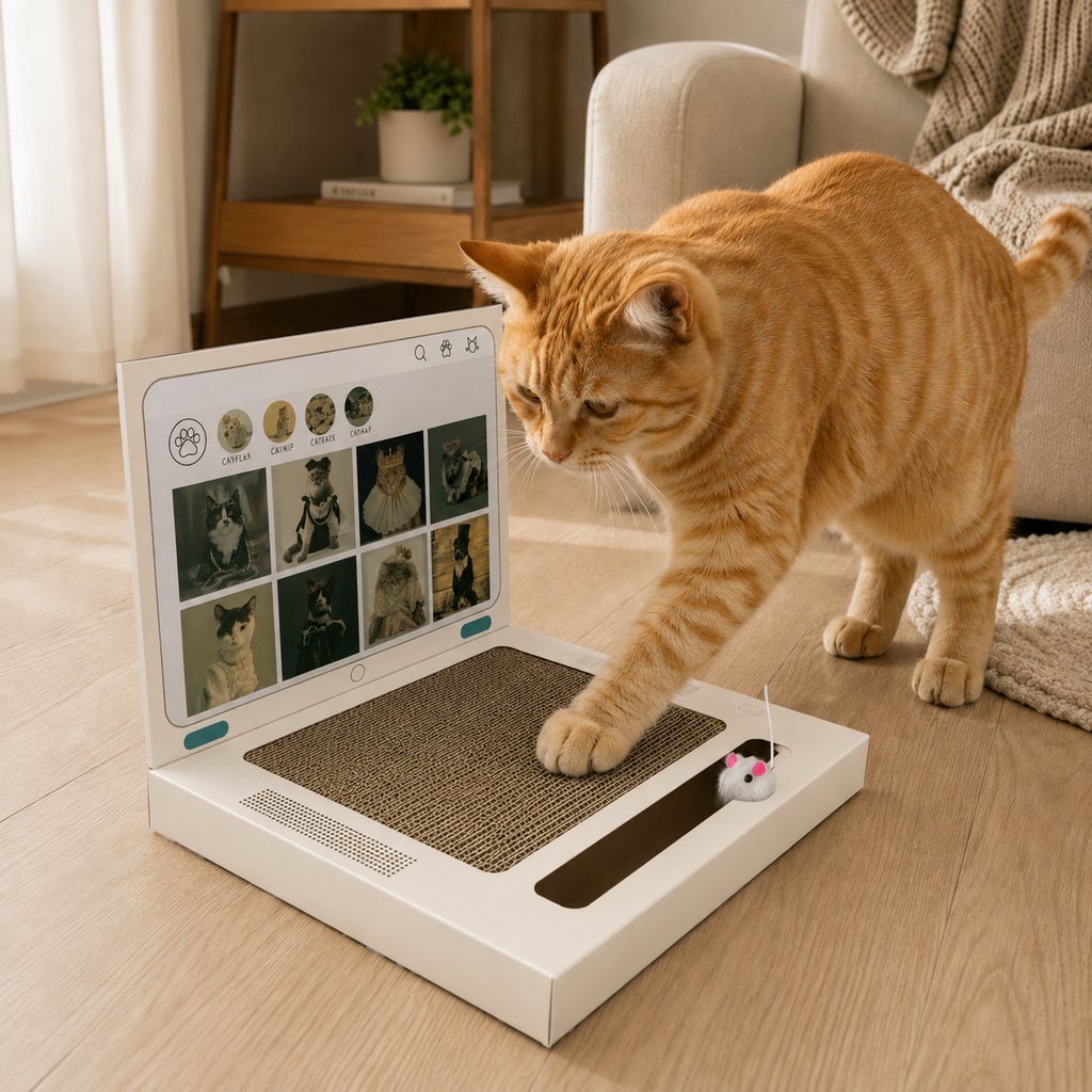 Ortekor Laptop Cat Scratcher for Indoor Cats – 3-in-1 Cardboard Scratch Pad with Mouse & Bell Ball for Home Office Play, Keeps Curious Cats Busy While You Work