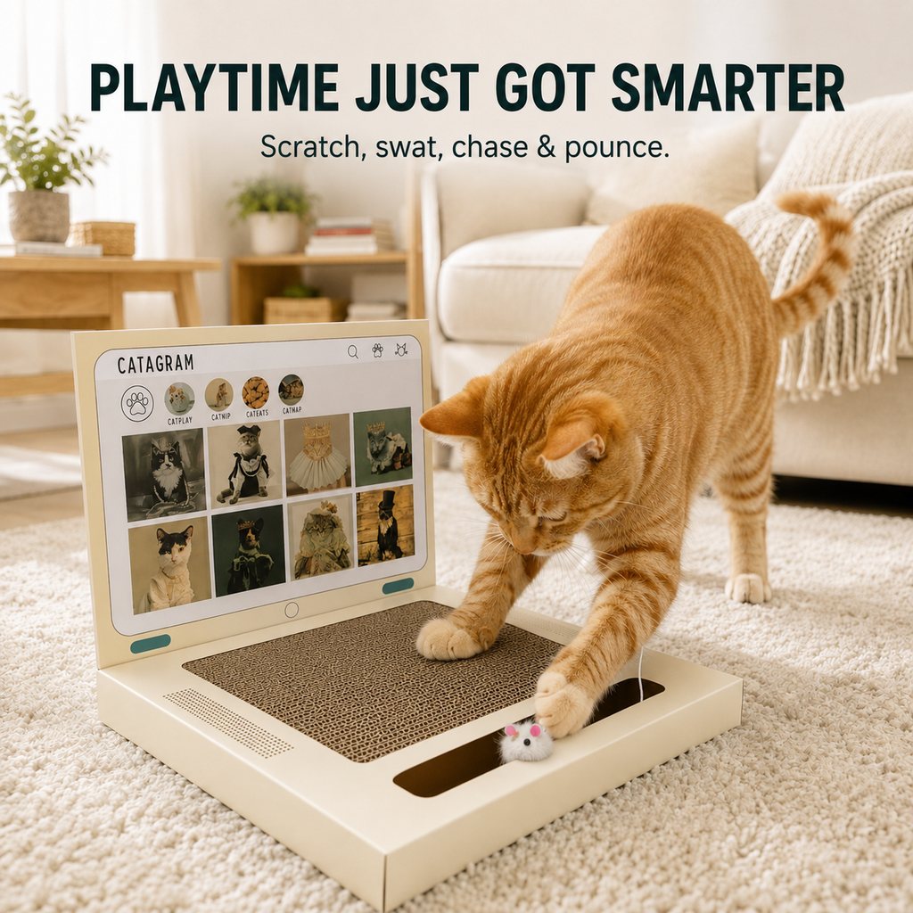 Ortekor Laptop Cat Scratcher for Indoor Cats – 3-in-1 Cardboard Scratch Pad with Mouse & Bell Ball for Home Office Play, Keeps Curious Cats Busy While You Work
