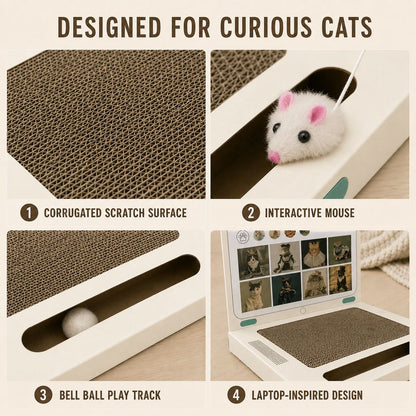 Ortekor Laptop Cat Scratcher for Indoor Cats – 3-in-1 Cardboard Scratch Pad with Mouse & Bell Ball for Home Office Play, Keeps Curious Cats Busy While You Work