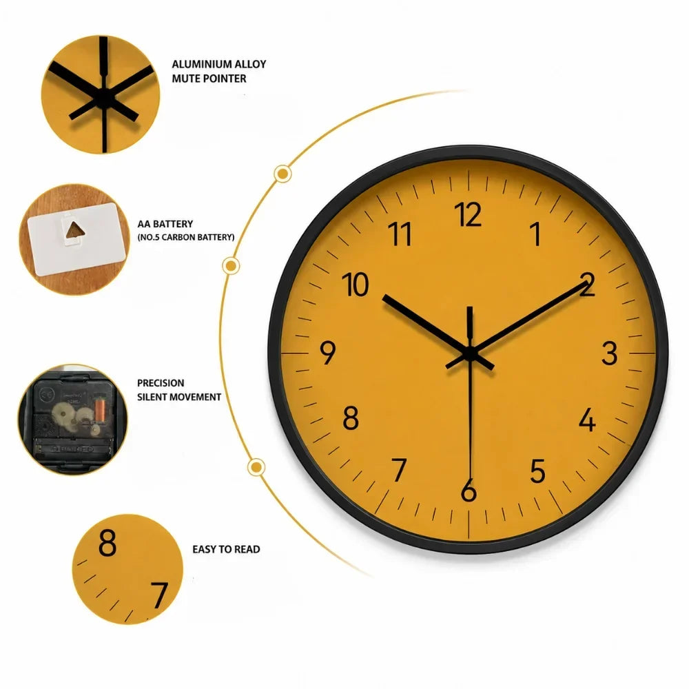 Round Wall Clock 10-14 Inch Silent Sweep Yellow Minimalist Analogue for Bedroom Living Room Office Home Decor