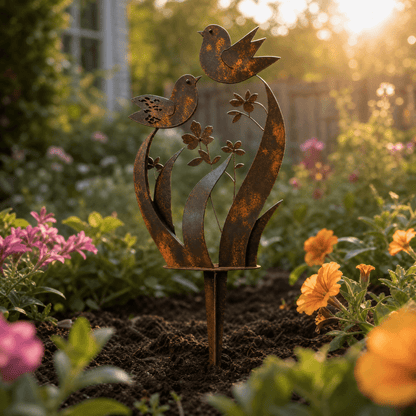 Metal Bird Silhouette Garden Stake with Wildflowers for Flower Beds and Planters Outdoor Yard Art Decoration