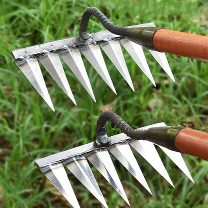 Stainless Steel Weed Removal Rake for Lawns & Gardens – Deep-Root Extractor Tool with V-Shaped Tines for Soil Prep & Weeding