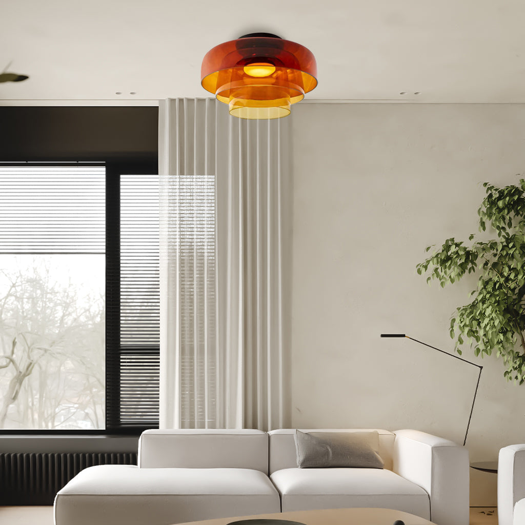 Tiered Glass Overhead Fixture 16.5 in Diameter Contemporary Room Illumination Gray Amber Green Finishes LED Flush Mount for Bedroom Dining K