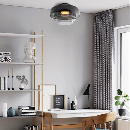 Tiered Glass Overhead Fixture 16.5 in Diameter Contemporary Room Illumination Gray Amber Green Finishes LED Flush Mount for Bedroom Dining K