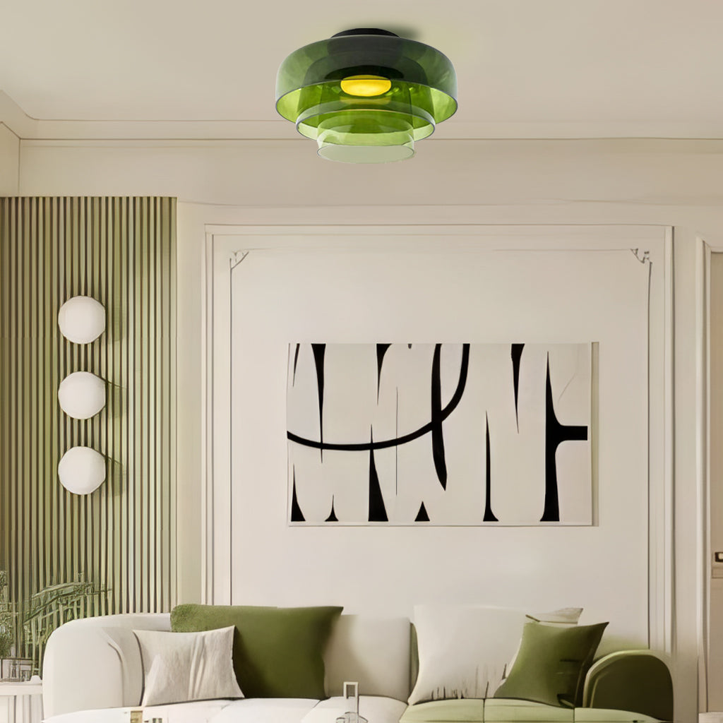 Tiered Glass Overhead Fixture 16.5 in Diameter Contemporary Room Illumination Gray Amber Green Finishes LED Flush Mount for Bedroom Dining K