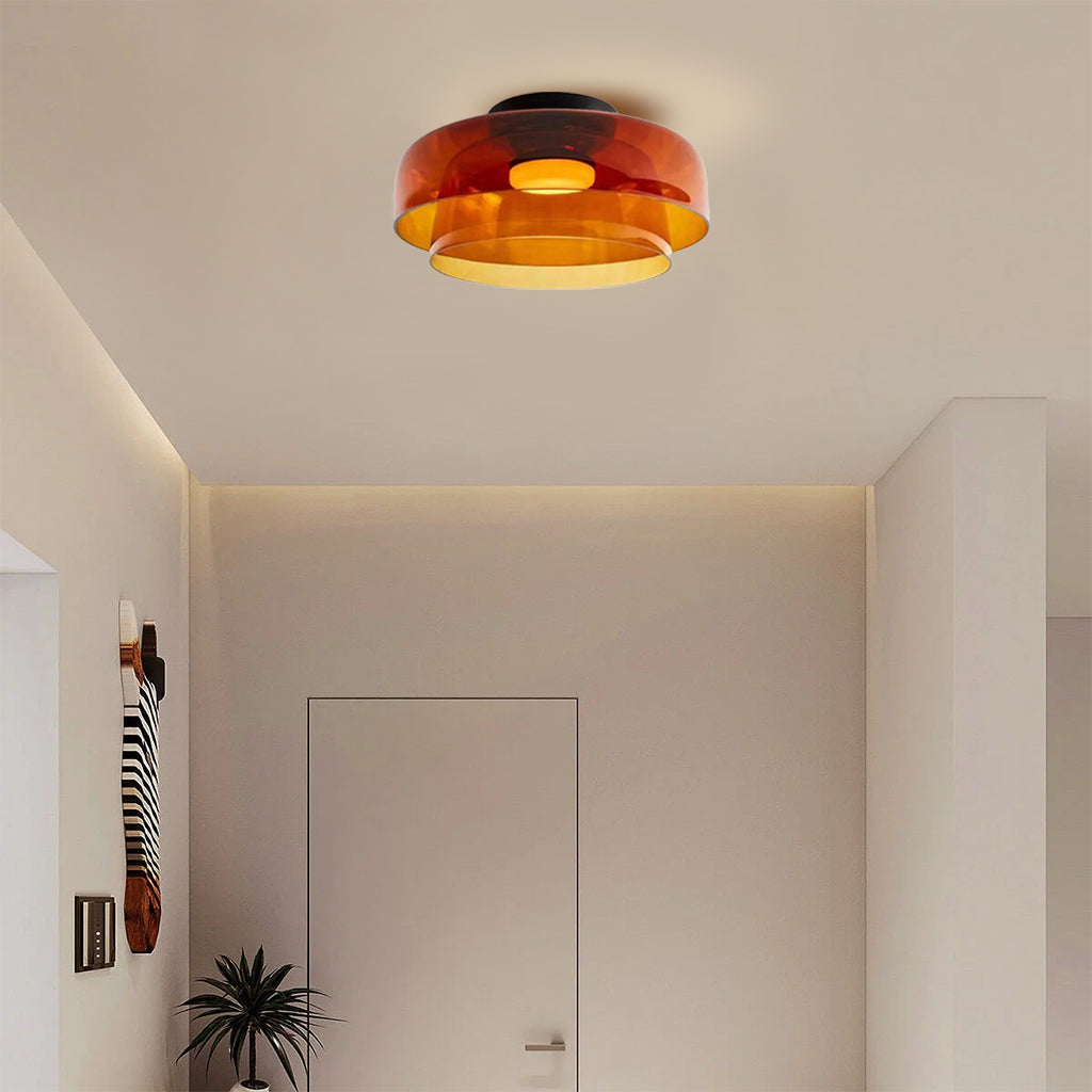 Tiered Glass Overhead Fixture 16.5 in Diameter Contemporary Room Illumination Gray Amber Green Finishes LED Flush Mount for Bedroom Dining K