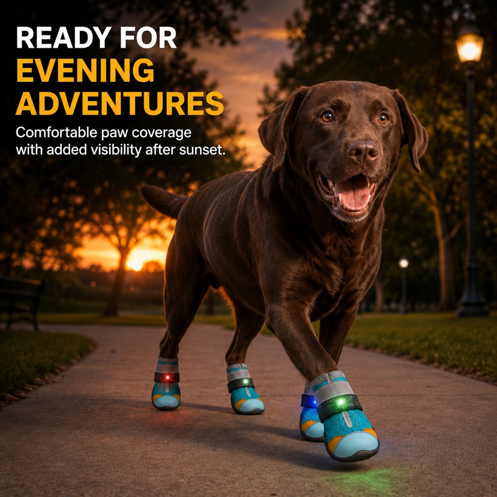 Ortekor Motion-Activated LED Dog Boots for Night Walks – Flashing Paw Shoes for Better Visibility & Traction
