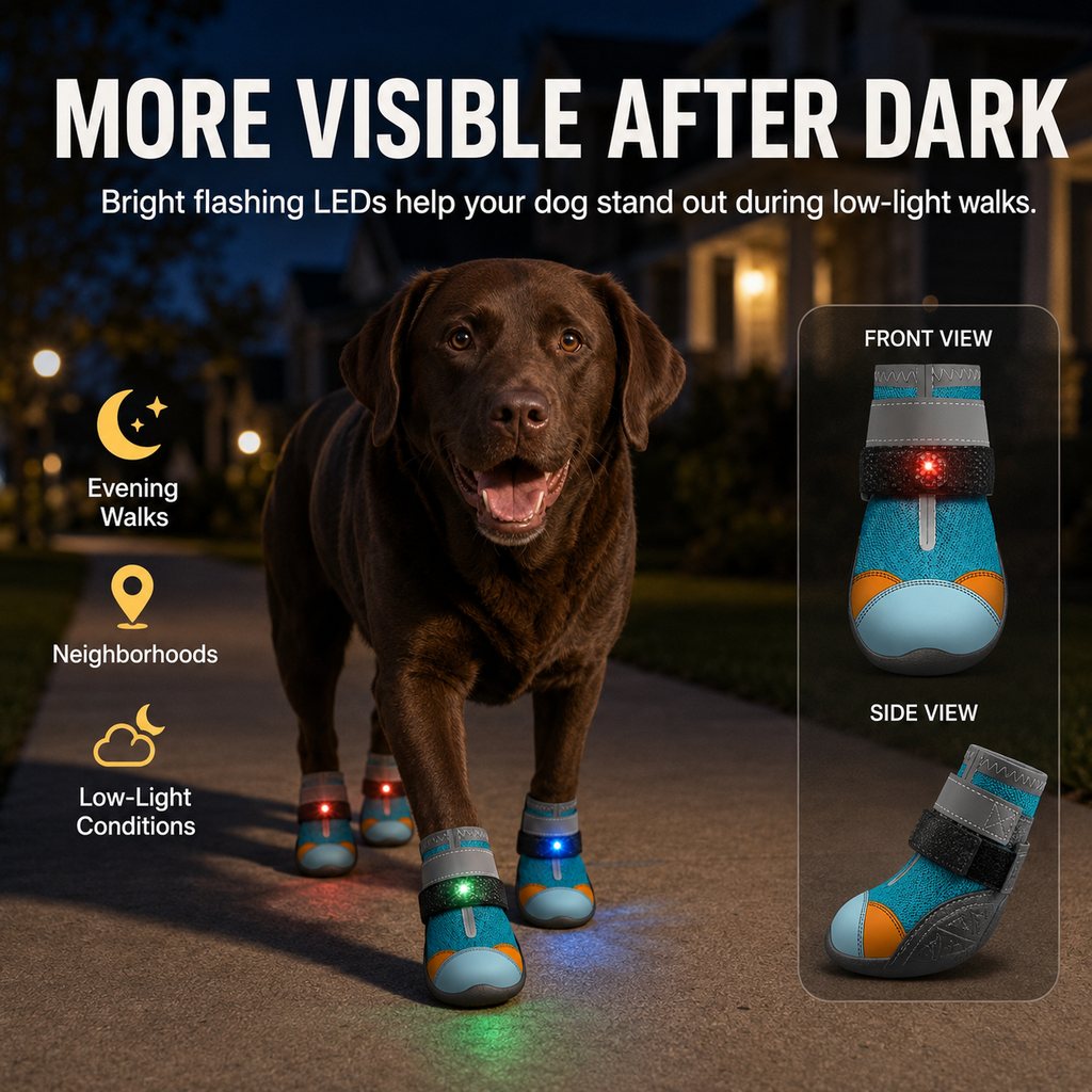Ortekor Motion-Activated LED Dog Boots for Night Walks – Flashing Paw Shoes for Better Visibility & Traction