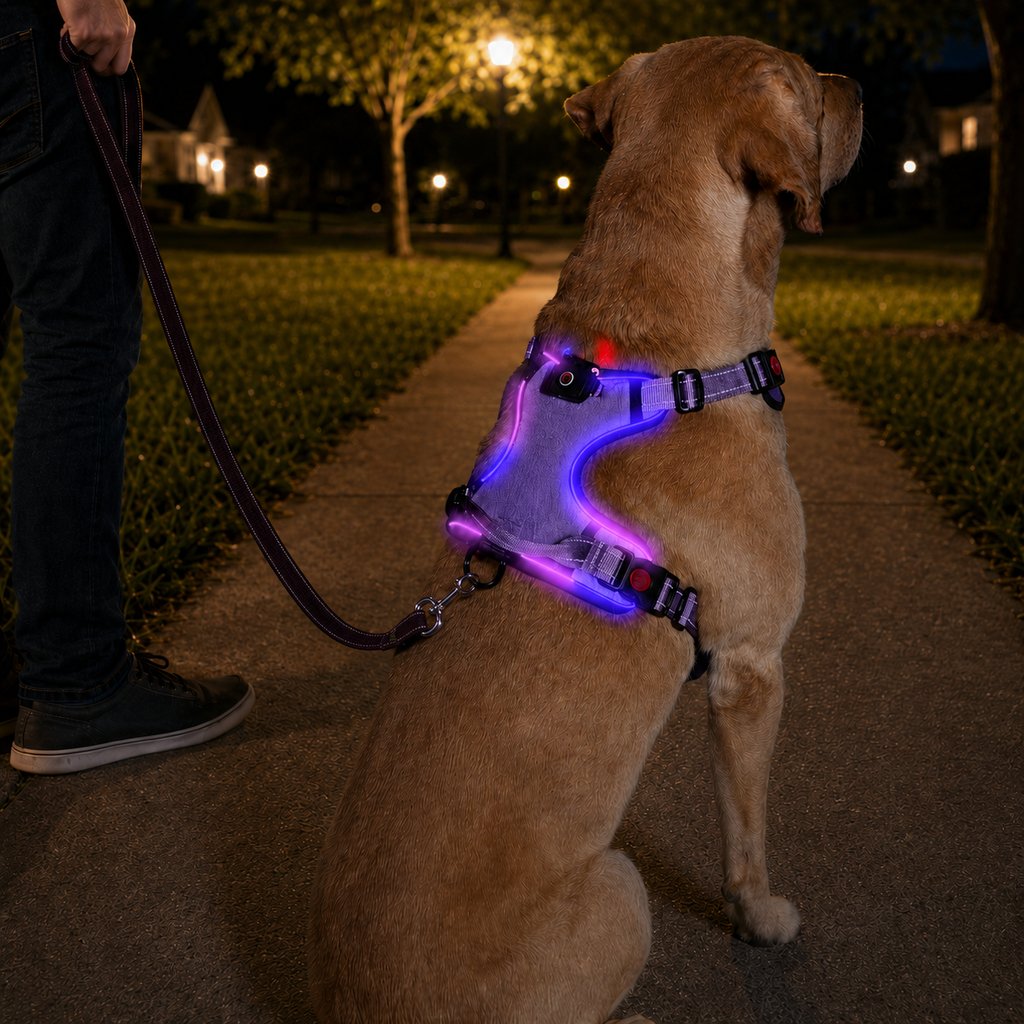 Ortekor Rechargeable LED Dog Harness for Night Walks - Back-Panel Glow & Reflective Webbing for Better Low-Light Visibility