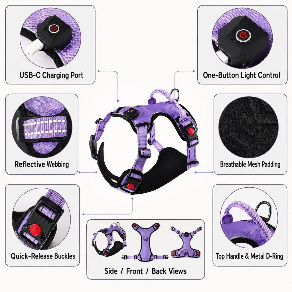 Ortekor Rechargeable LED Dog Harness for Night Walks - Back-Panel Glow & Reflective Webbing for Better Low-Light Visibility