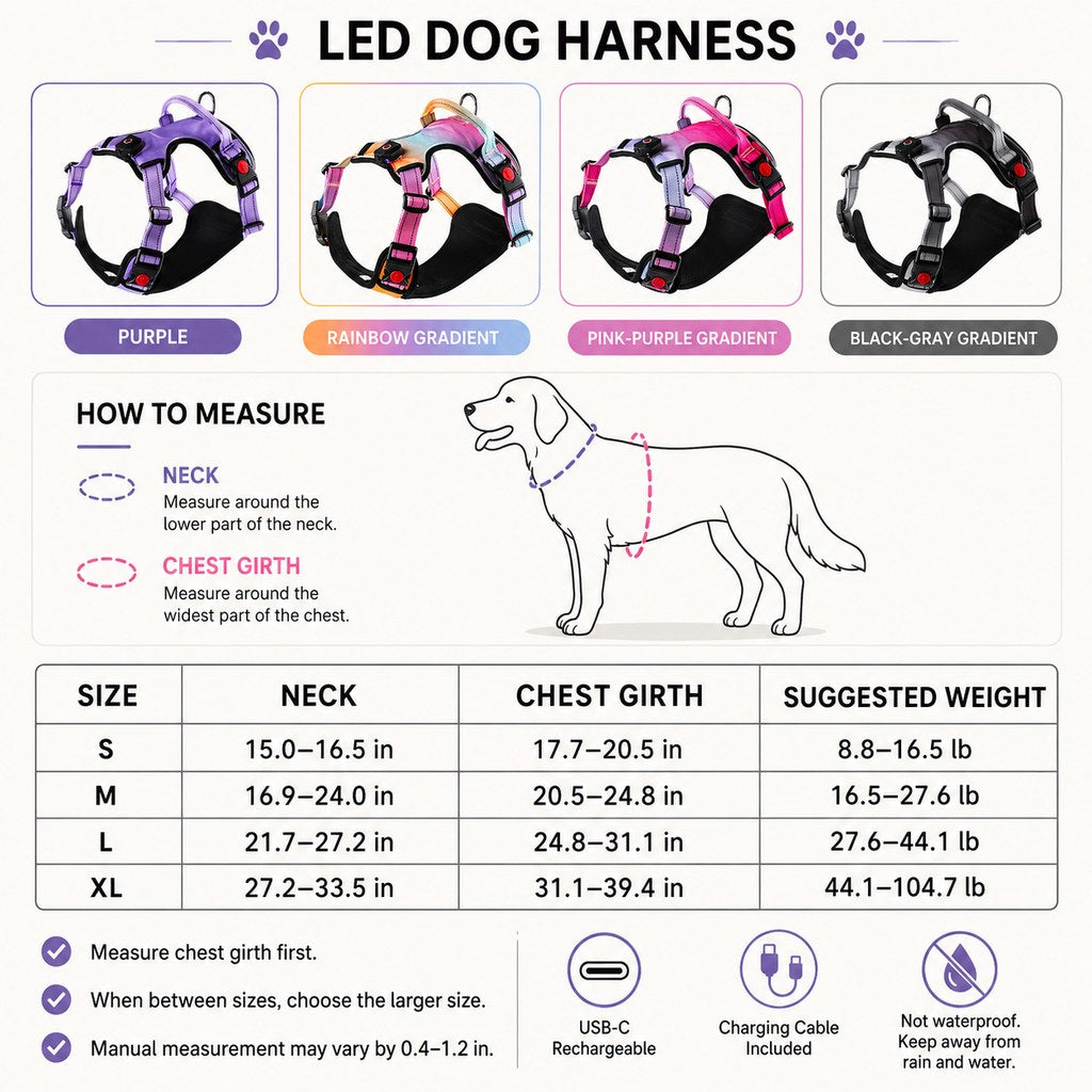 Ortekor Rechargeable LED Dog Harness for Night Walks - Back-Panel Glow & Reflective Webbing for Better Low-Light Visibility