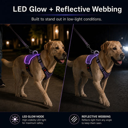 Ortekor Rechargeable LED Dog Harness for Night Walks - Back-Panel Glow & Reflective Webbing for Better Low-Light Visibility