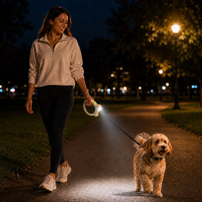 Ortekor Retractable Dog Leash for Night Walks & Daily Walks - Optional LED Light, 16ft Reflective Tape & One-Touch Brake for Better Visibility and Control