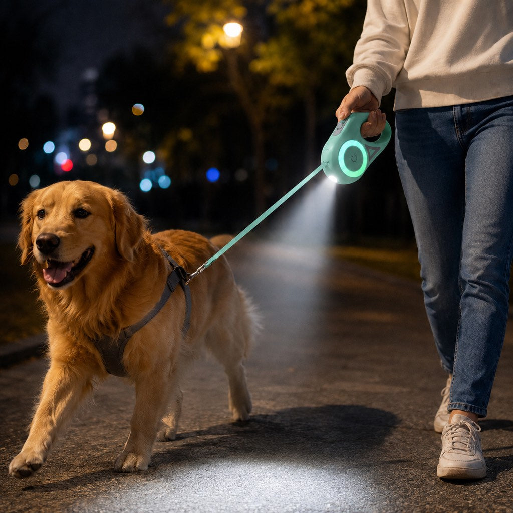 Ortekor LED Retractable Dog Leash for Night Walks - Light-Up Dog Leash with Built-In Spotlight, RGB Side Glow & One-Touch Brake for Safer Evening Walks